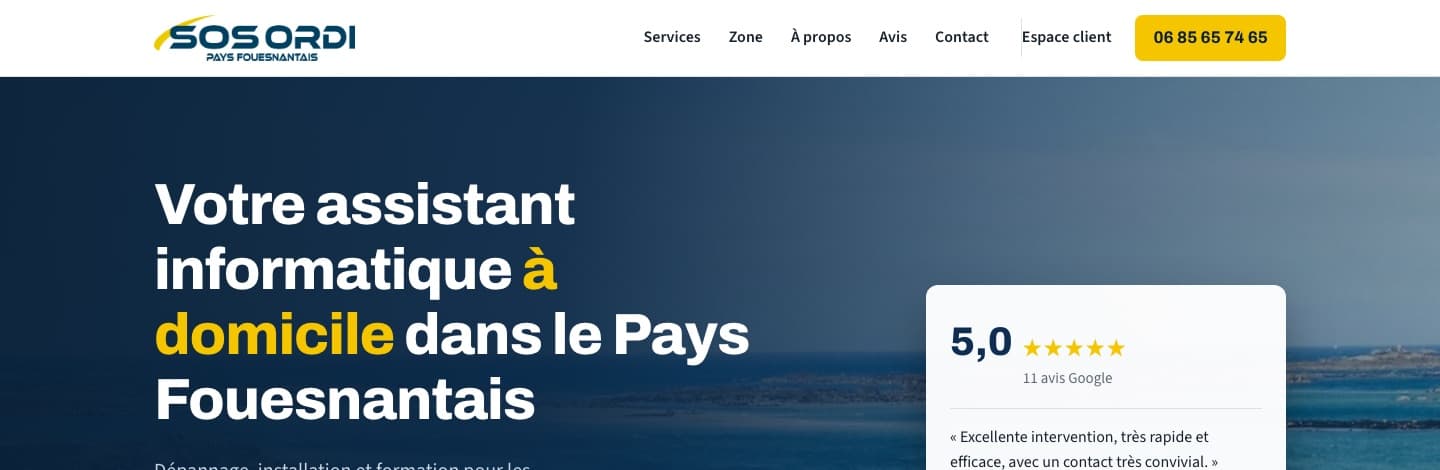 Nouveau site SOS ORDI : menu à huit entrées, numéro en bouton, note de 5,0 sur 11 avis Google affichée dès l'accueil