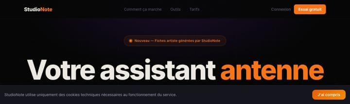 Page d'accueil de StudioNote, outil de préparation pour animateurs radio